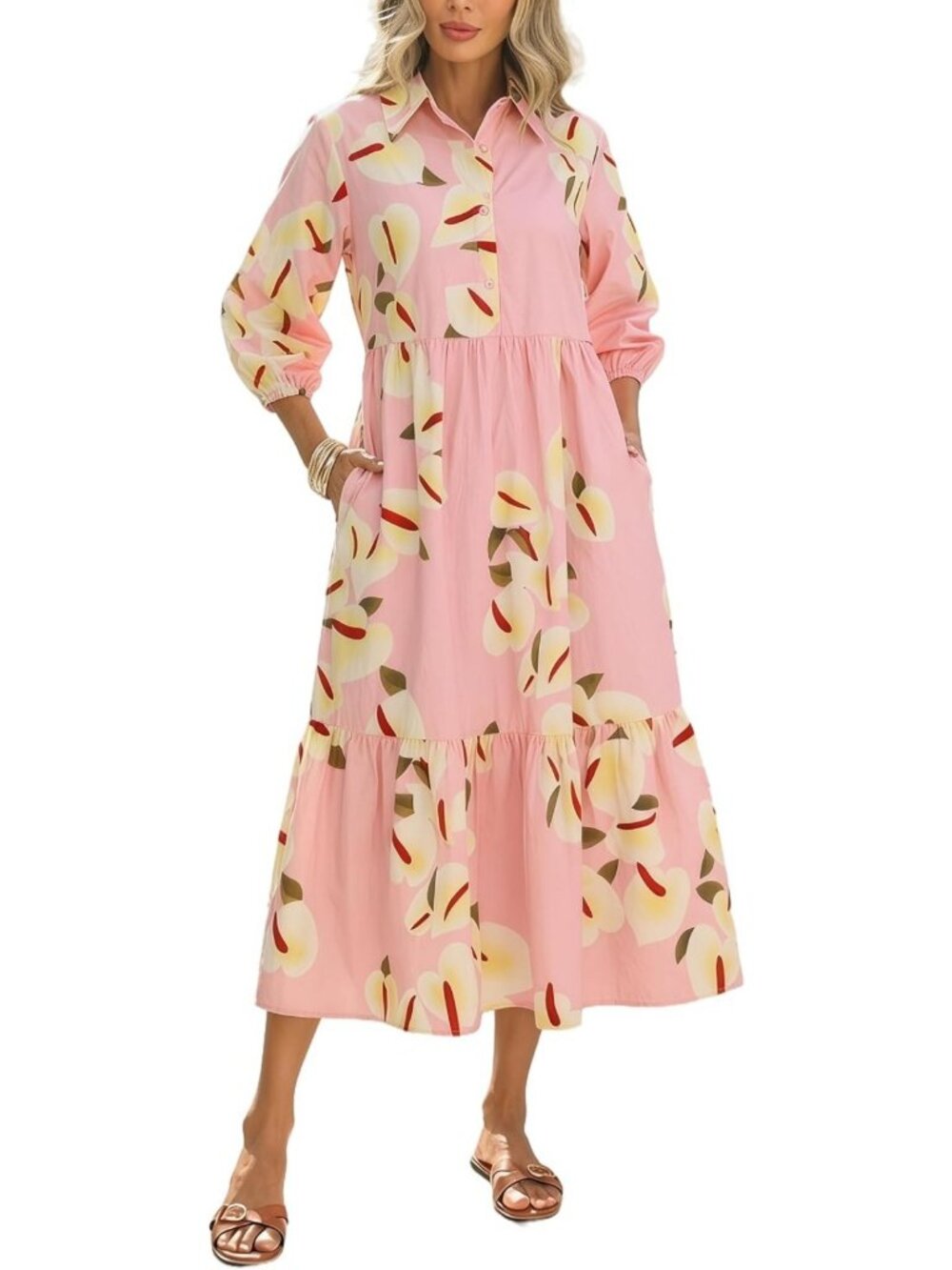 Floral Midi Dress with Pockets, 3/4 Sleeve Button-Up, Ruffle Hem Spring Sundress